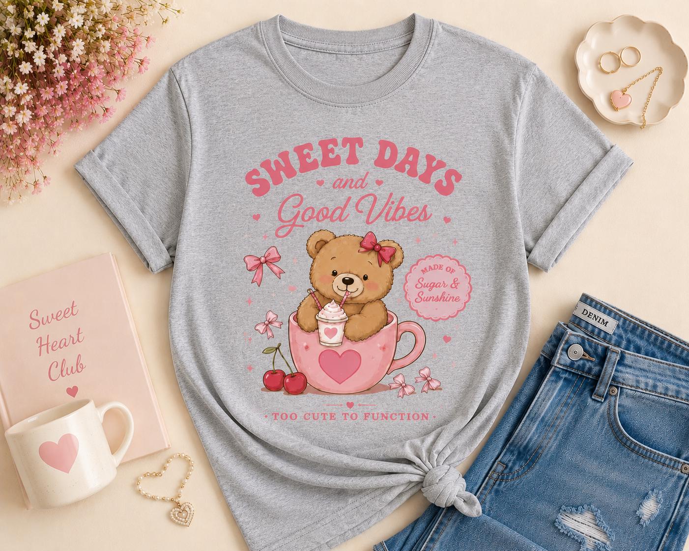 Sweet Days Teddy Bear T-Shirt , Cute Girls Graphic Tee, Pastel Bear Tee, Good Vibes Top