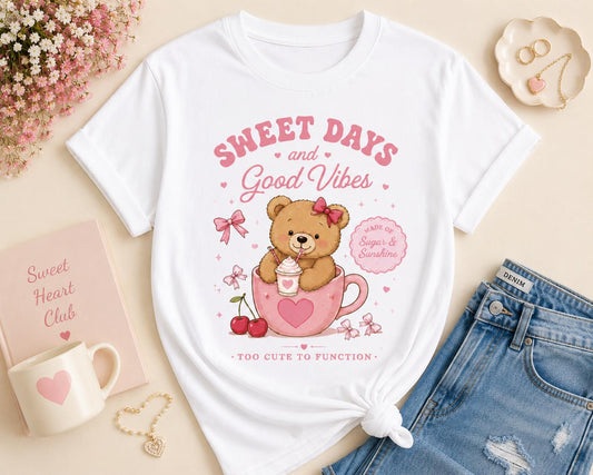 Sweet Days Teddy Bear T-Shirt , Cute Girls Graphic Tee, Pastel Bear Tee, Good Vibes Top