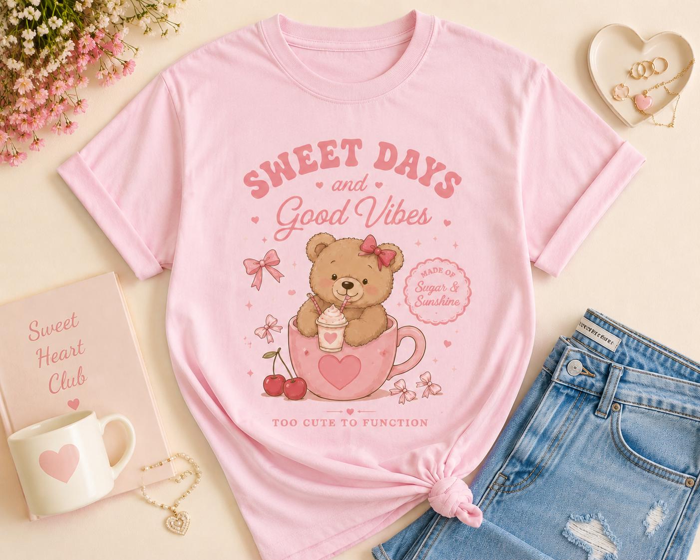 Sweet Days Teddy Bear T-Shirt , Cute Girls Graphic Tee, Pastel Bear Tee, Good Vibes Top