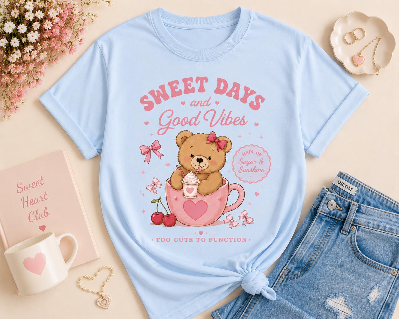 Sweet Days Teddy Bear T-Shirt , Cute Girls Graphic Tee, Pastel Bear Tee, Good Vibes Top